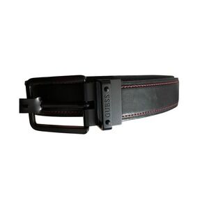 Guess Mens Genuine Leather Belt Black Red Contrast Stitch Matte Buckle New